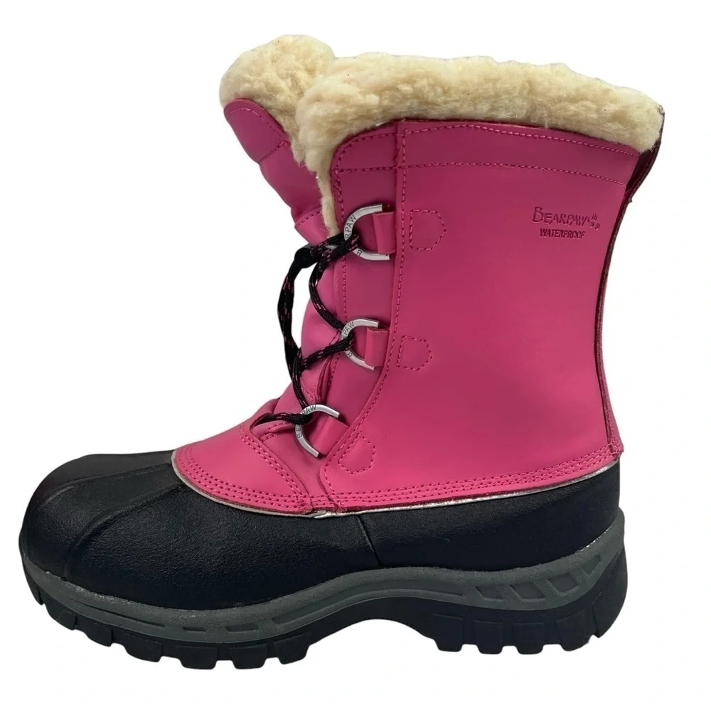 Bearpaw Youth Girls Waterproof Snow Boots Pink Black Sherpa Lined Size 5